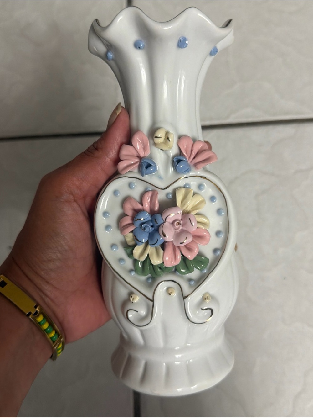 Capodimonte Style Porcelain Vase, Soft Pastel Florals 8x3.5 inch